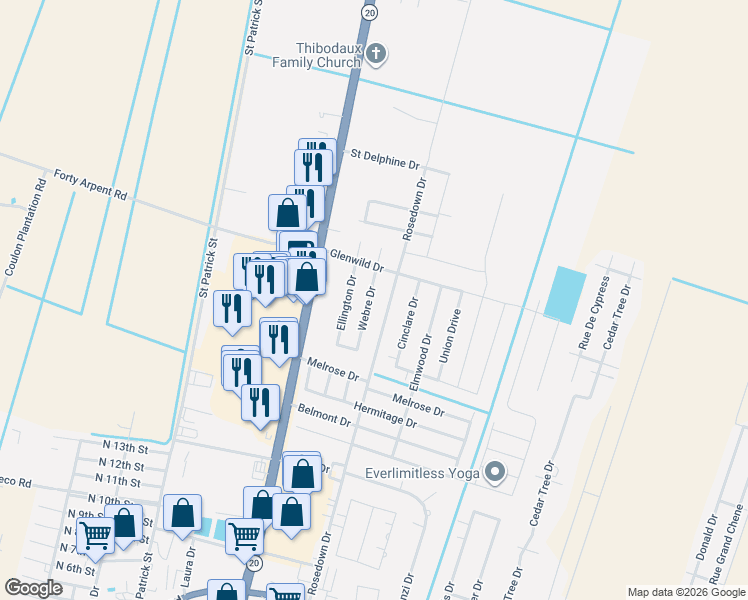 map of restaurants, bars, coffee shops, grocery stores, and more near 757-799 Rosedown Dr in Thibodaux
