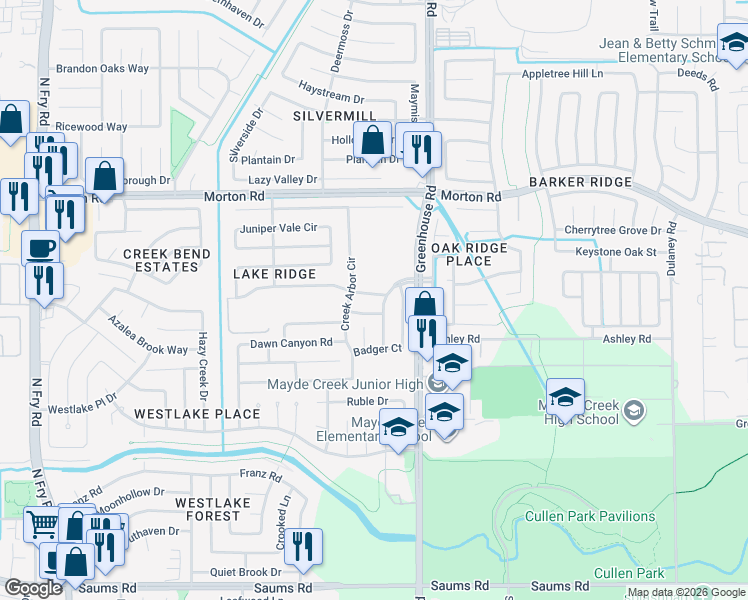 map of restaurants, bars, coffee shops, grocery stores, and more near 19207 Brook Village Road in Houston