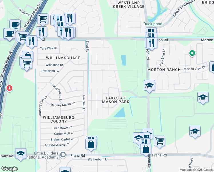map of restaurants, bars, coffee shops, grocery stores, and more near 22234 Oceanic Drive in Katy