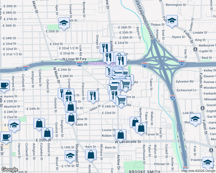 map of restaurants, bars, coffee shops, grocery stores, and more near 1202 East 26th Street in Houston