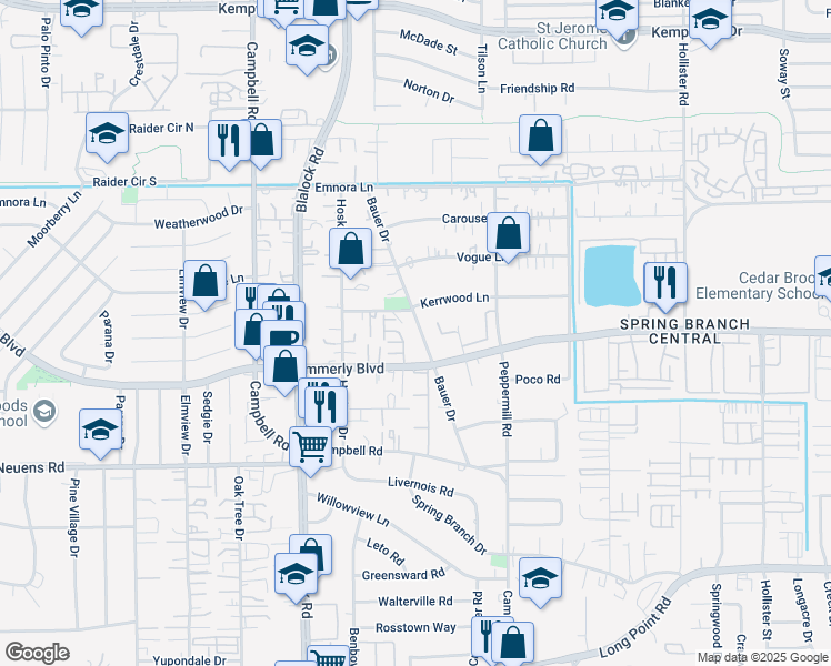 map of restaurants, bars, coffee shops, grocery stores, and more near 2135 Bauer Drive in Houston
