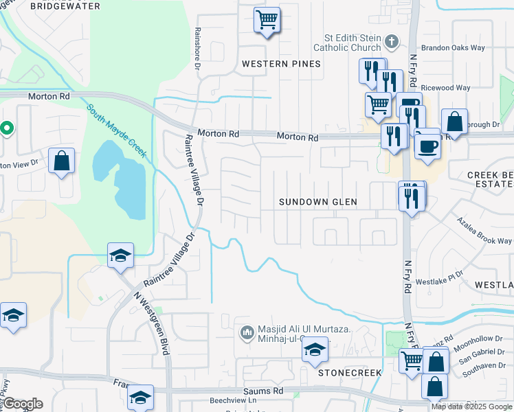map of restaurants, bars, coffee shops, grocery stores, and more near 3007 Silver Cedar Trail in Katy
