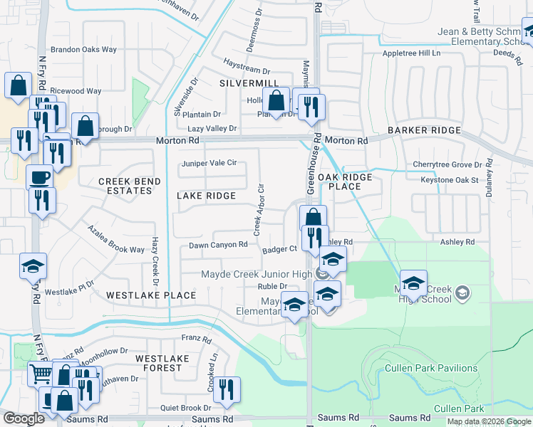 map of restaurants, bars, coffee shops, grocery stores, and more near 19207 Brook Village Road in Houston