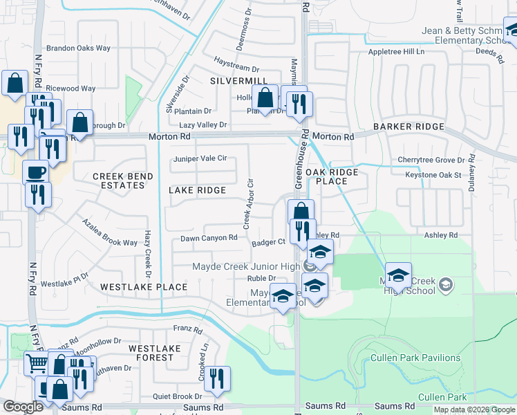 map of restaurants, bars, coffee shops, grocery stores, and more near 19207 Brook Village Road in Houston