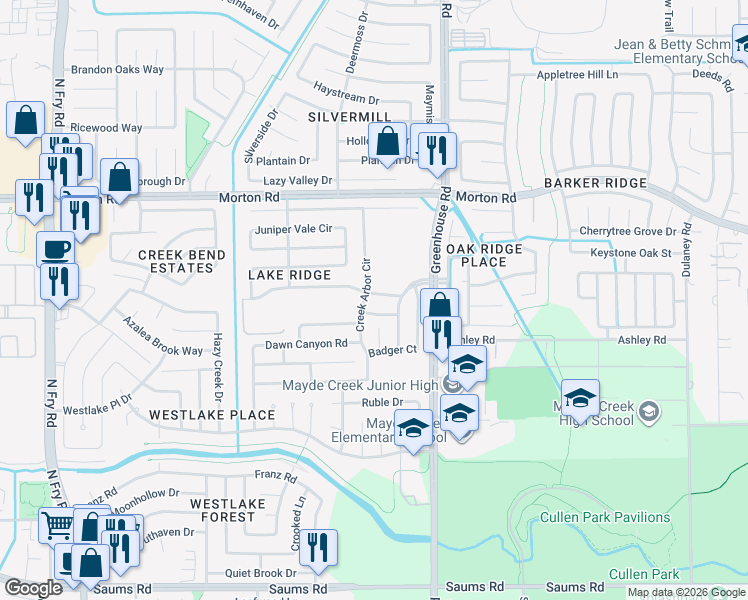 map of restaurants, bars, coffee shops, grocery stores, and more near 19207 Brook Village Road in Houston
