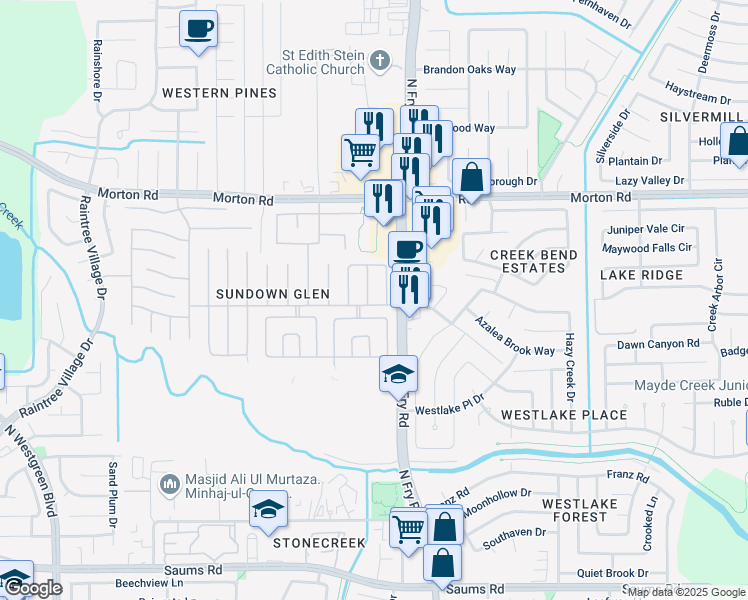map of restaurants, bars, coffee shops, grocery stores, and more near 3002 East Cedar Sun Trail in Katy