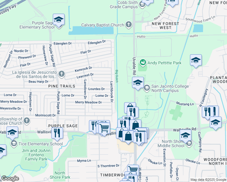 map of restaurants, bars, coffee shops, grocery stores, and more near 5930 Larchbrook Drive in Houston