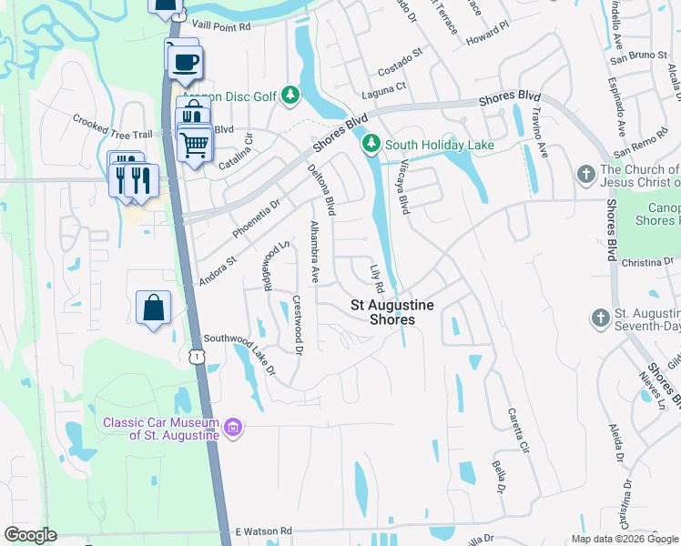 map of restaurants, bars, coffee shops, grocery stores, and more near 222 Deltona Boulevard in St. Augustine