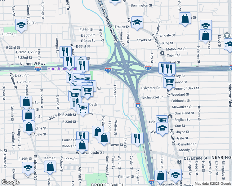map of restaurants, bars, coffee shops, grocery stores, and more near 1828 Tabor Street in Houston