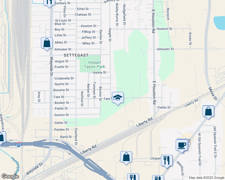 map of restaurants, bars, coffee shops, grocery stores, and more near 5426 Haight Street in Houston