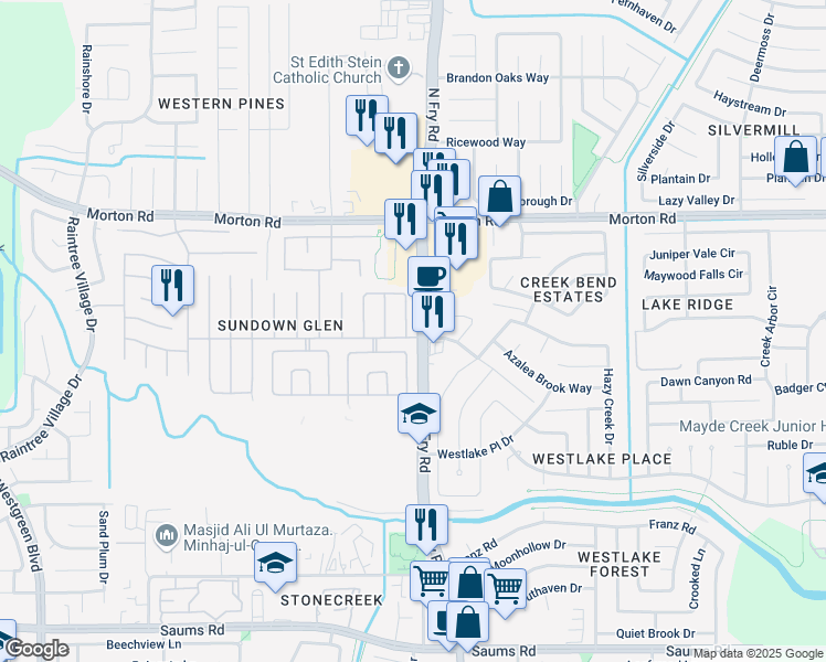 map of restaurants, bars, coffee shops, grocery stores, and more near 3002 East Cedar Sun Trail in Katy