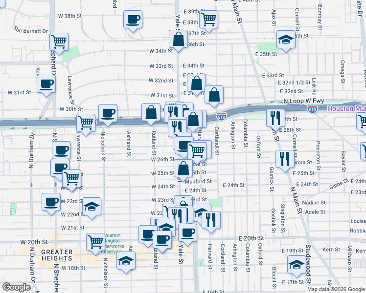 map of restaurants, bars, coffee shops, grocery stores, and more near 2626 Yale Street in Houston