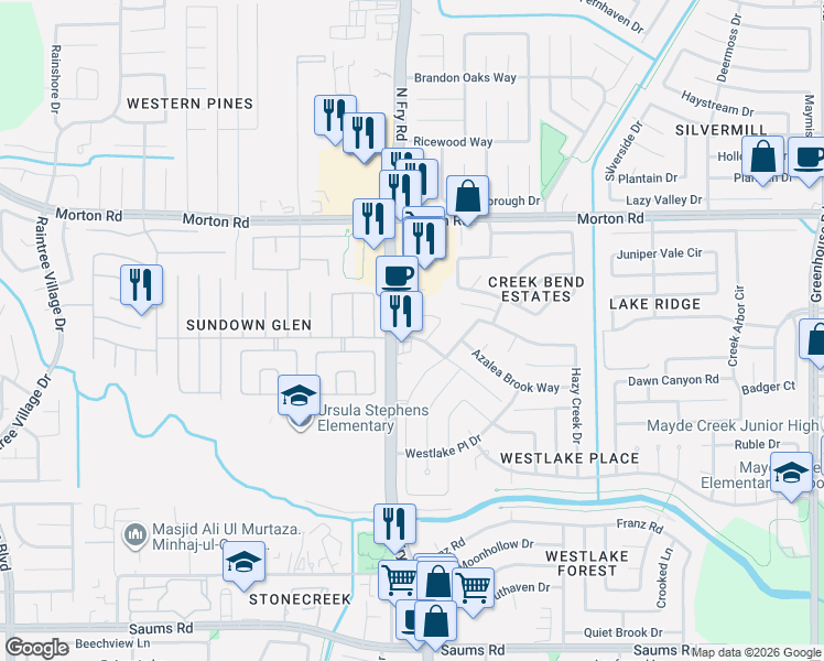 map of restaurants, bars, coffee shops, grocery stores, and more near 19955 Ashland Brook Ct in Houston