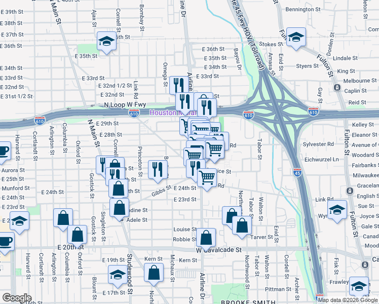 map of restaurants, bars, coffee shops, grocery stores, and more near 1202 East 26th Street in Houston
