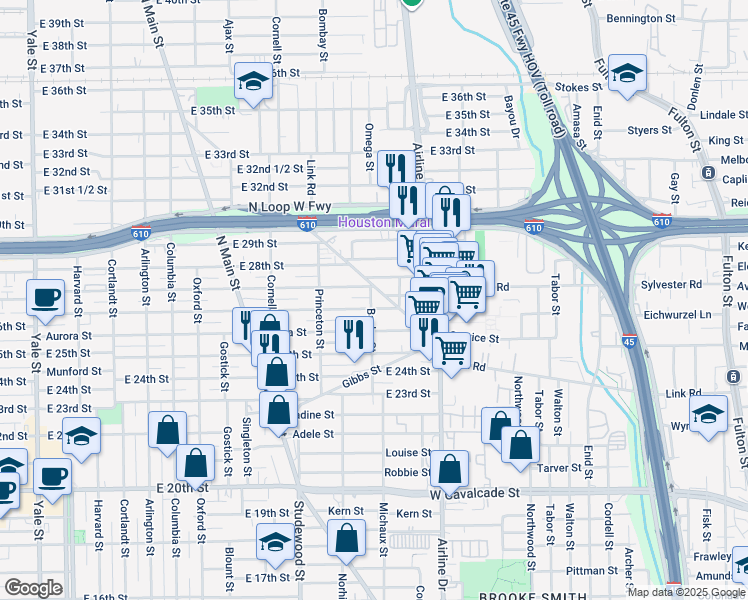 map of restaurants, bars, coffee shops, grocery stores, and more near 2610 Baylor Street in Houston