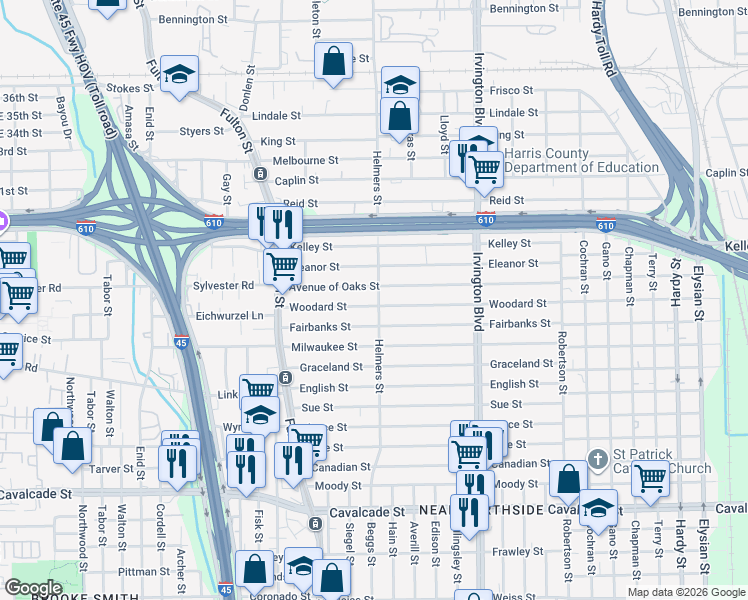 map of restaurants, bars, coffee shops, grocery stores, and more near 417 Woodard Street in Houston