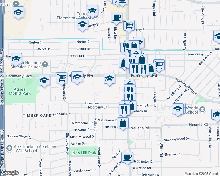 map of restaurants, bars, coffee shops, grocery stores, and more near North Gessner Road in Harris County