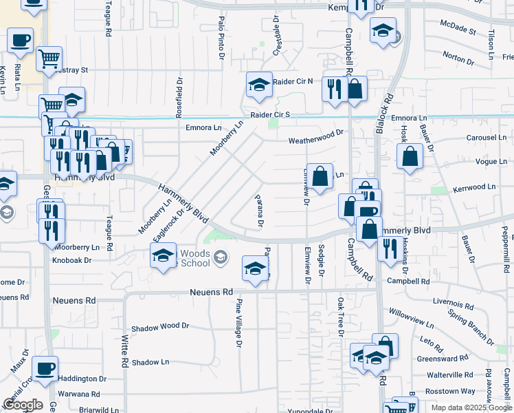 map of restaurants, bars, coffee shops, grocery stores, and more near 2307 Parana Drive in Houston