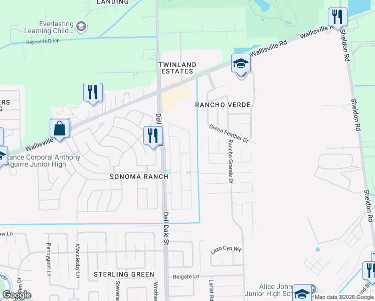 map of restaurants, bars, coffee shops, grocery stores, and more near 2003 Mickle Creek Drive in Houston