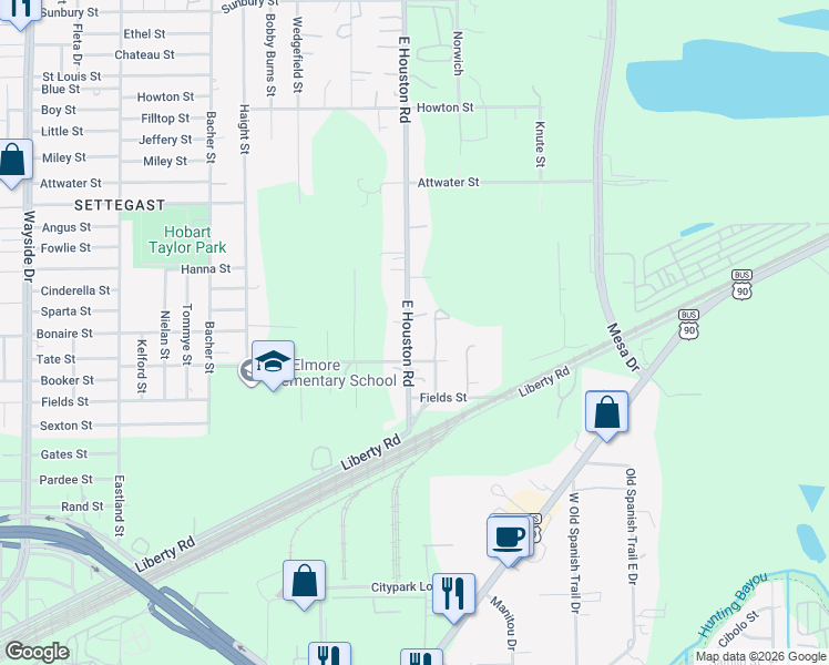 map of restaurants, bars, coffee shops, grocery stores, and more near 5424 East Houston Road in Houston