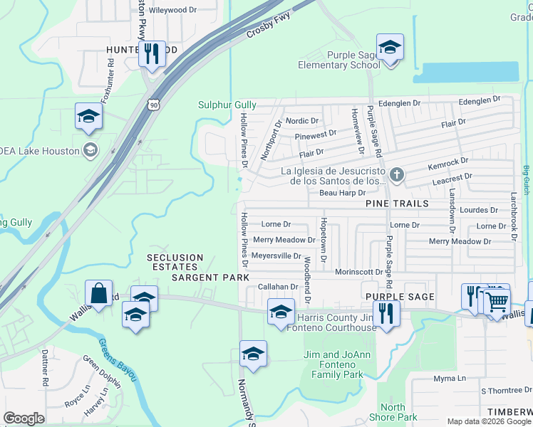 map of restaurants, bars, coffee shops, grocery stores, and more near 14034 Lourdes Drive in Houston