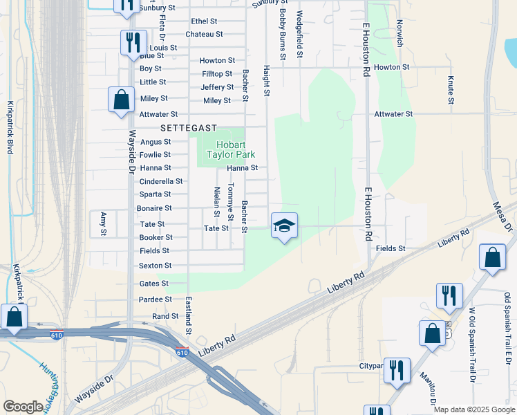 map of restaurants, bars, coffee shops, grocery stores, and more near 8202 Bonaire Street in Houston