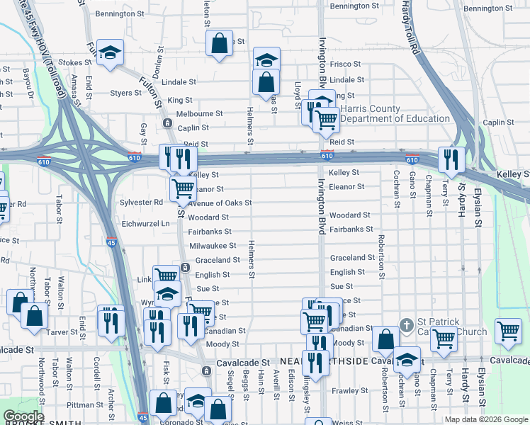 map of restaurants, bars, coffee shops, grocery stores, and more near 517 Woodard Street in Houston