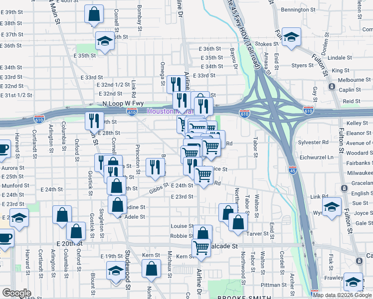 map of restaurants, bars, coffee shops, grocery stores, and more near 1202 East 26th Street in Houston