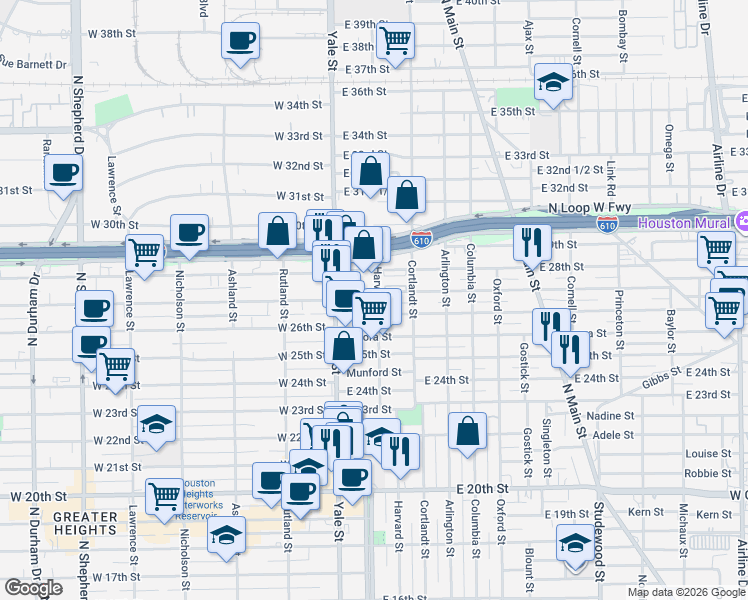 map of restaurants, bars, coffee shops, grocery stores, and more near 214 East 27th Street in Houston