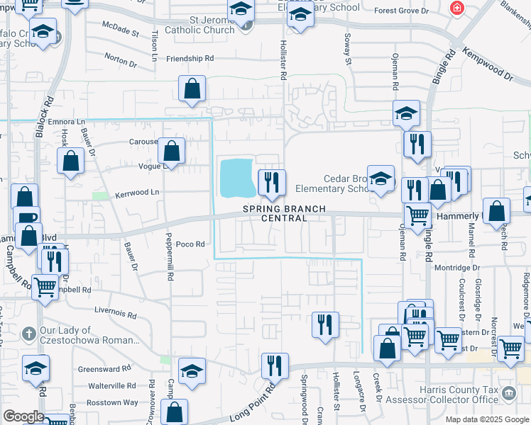 map of restaurants, bars, coffee shops, grocery stores, and more near 8801 Hammerly Boulevard in Houston
