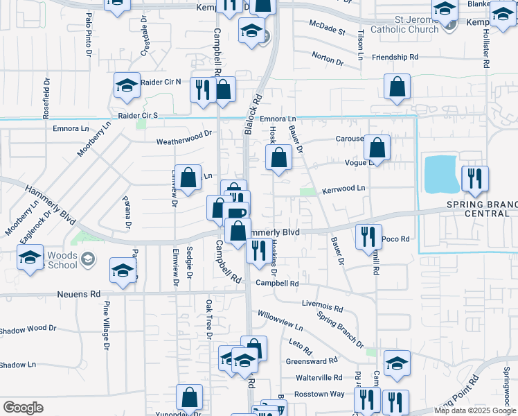 map of restaurants, bars, coffee shops, grocery stores, and more near 2125 Hoskins Drive in Houston