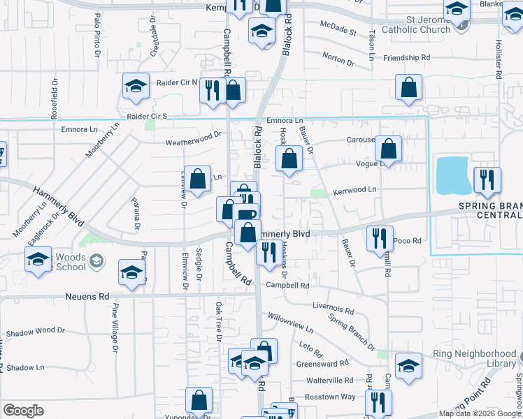 map of restaurants, bars, coffee shops, grocery stores, and more near 2122D Blalock Road in Houston
