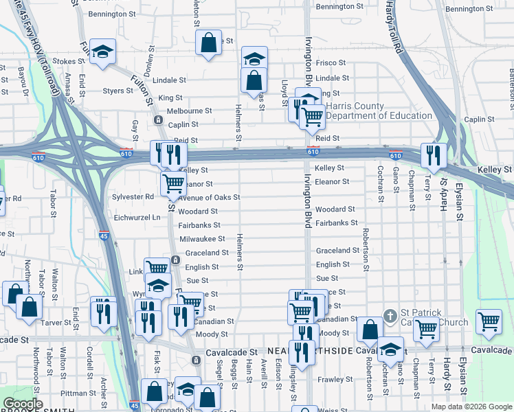 map of restaurants, bars, coffee shops, grocery stores, and more near 517 Woodard Street in Houston