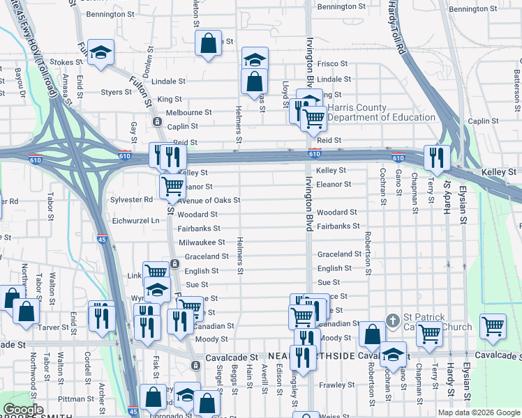 map of restaurants, bars, coffee shops, grocery stores, and more near 517 Woodard Street in Houston