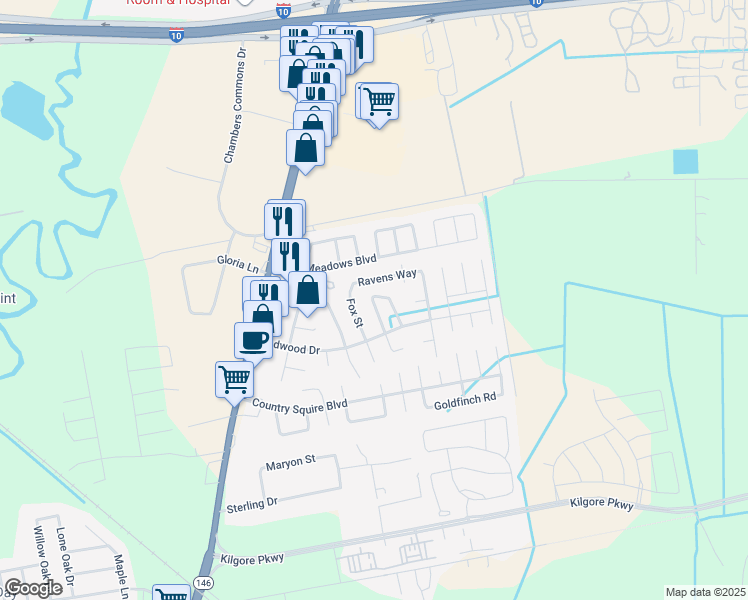 map of restaurants, bars, coffee shops, grocery stores, and more near 8127 Perch Street in Baytown
