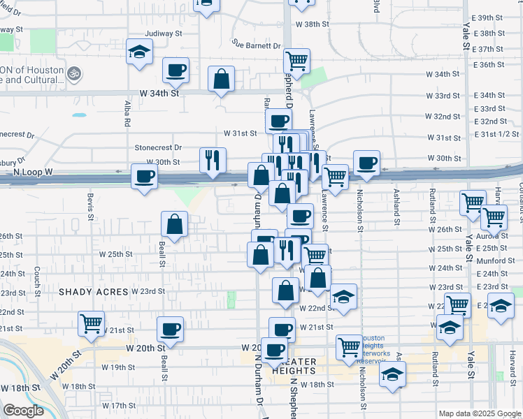 map of restaurants, bars, coffee shops, grocery stores, and more near 2710 North Durham Drive in Houston