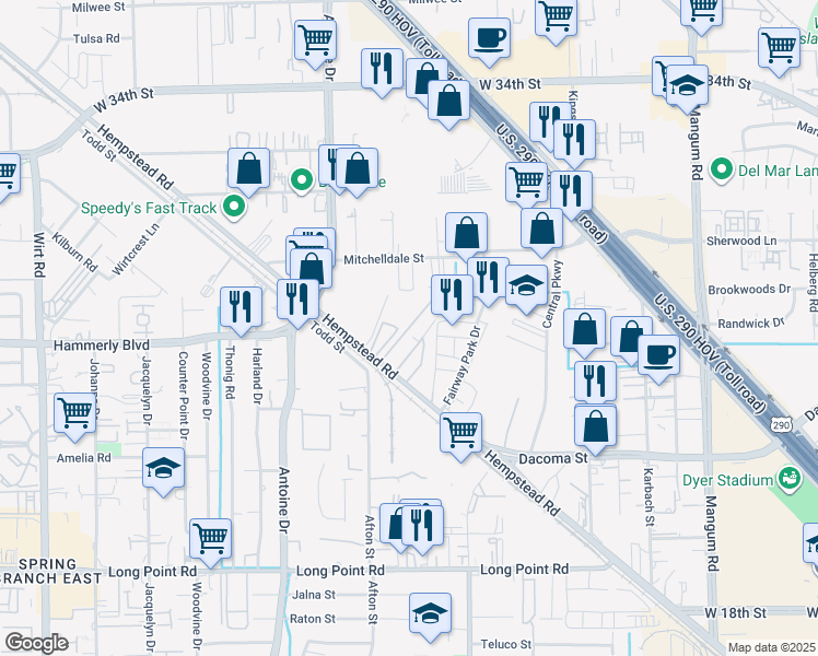 map of restaurants, bars, coffee shops, grocery stores, and more near 10626 Hempstead Road in Houston