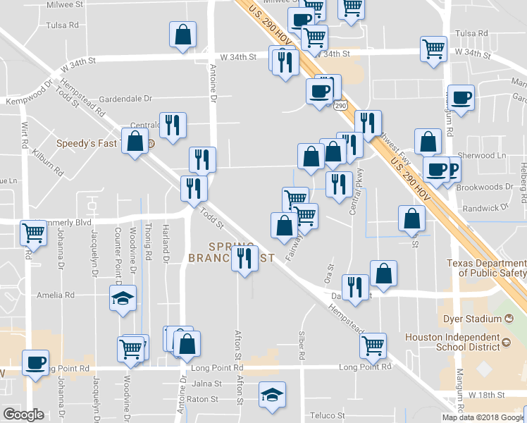 map of restaurants, bars, coffee shops, grocery stores, and more near 10626 Hempstead Road in Houston
