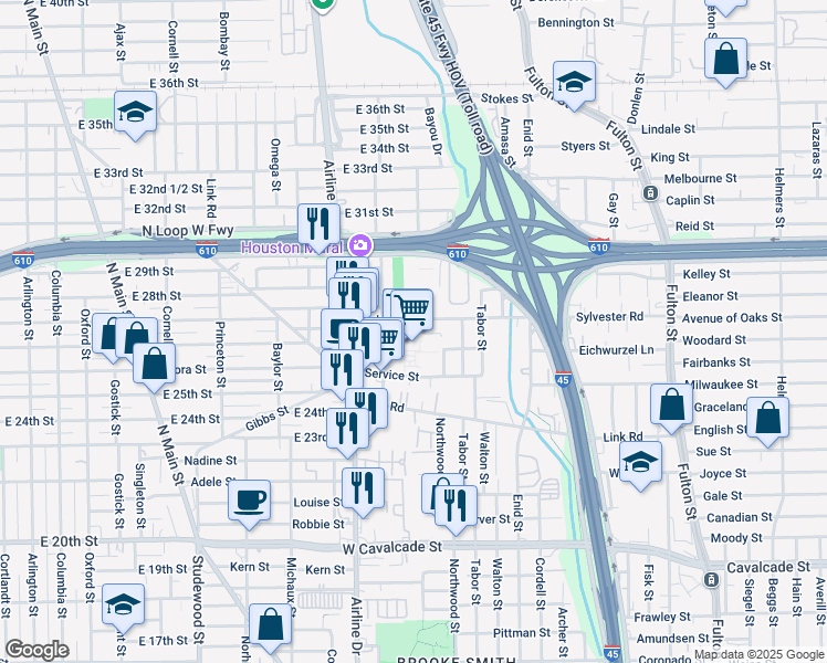 map of restaurants, bars, coffee shops, grocery stores, and more near 2566 Airline Drive in Houston