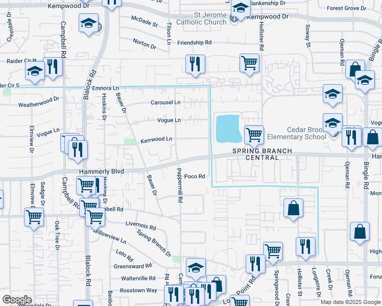 map of restaurants, bars, coffee shops, grocery stores, and more near 9118 Hammerly Boulevard in Houston