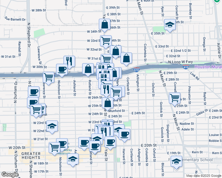 map of restaurants, bars, coffee shops, grocery stores, and more near 110A East 27th Street in Houston