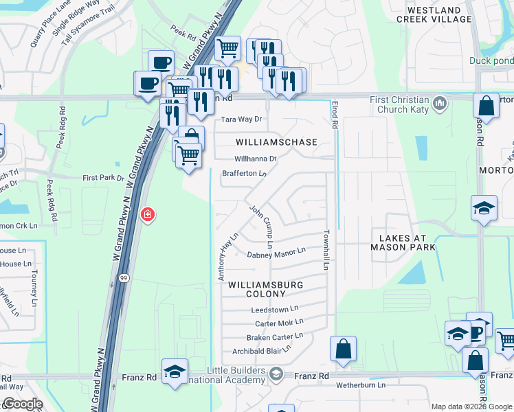 map of restaurants, bars, coffee shops, grocery stores, and more near 2603 Anthony-Hay Lane in Katy