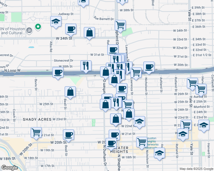 map of restaurants, bars, coffee shops, grocery stores, and more near 741 West 27th Street in Houston