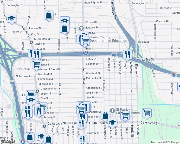 map of restaurants, bars, coffee shops, grocery stores, and more near 811 Woodard Street in Houston