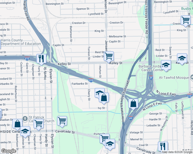 map of restaurants, bars, coffee shops, grocery stores, and more near 2617 Woodard Street in Houston