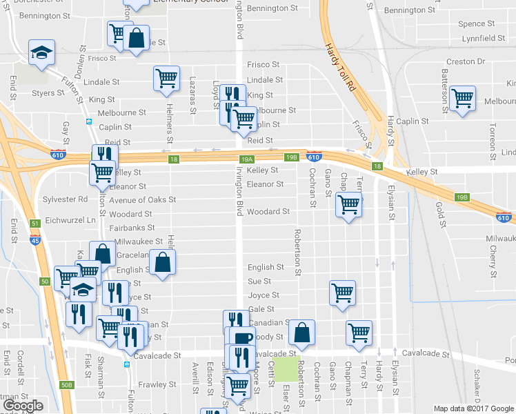 map of restaurants, bars, coffee shops, grocery stores, and more near 815 Woodard Street in Houston