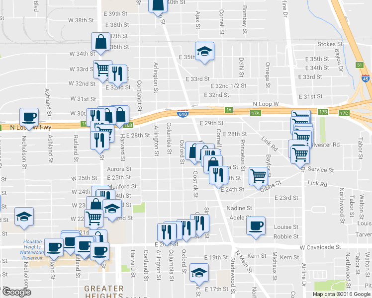 map of restaurants, bars, coffee shops, grocery stores, and more near 2619 Oxford Street in Houston