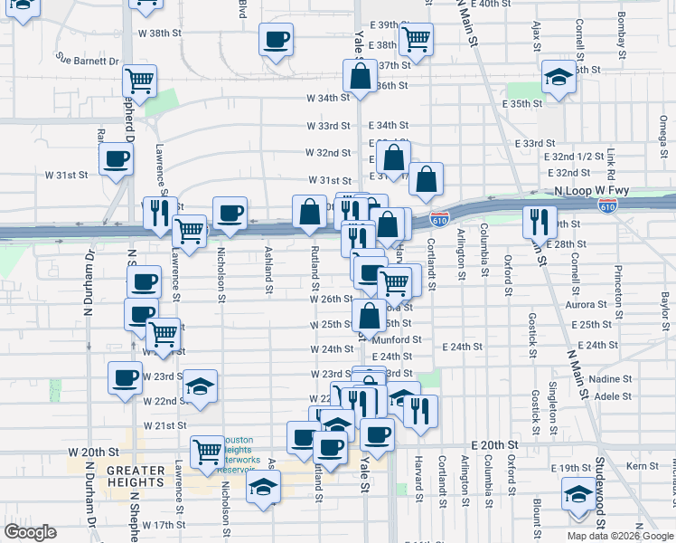 map of restaurants, bars, coffee shops, grocery stores, and more near 214 West 27th Street in Houston