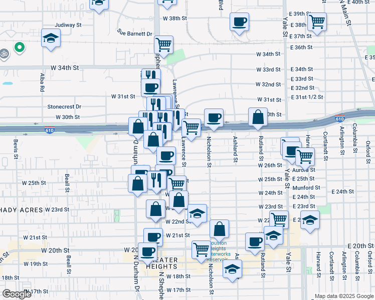 map of restaurants, bars, coffee shops, grocery stores, and more near 538 West 27th Street in Houston