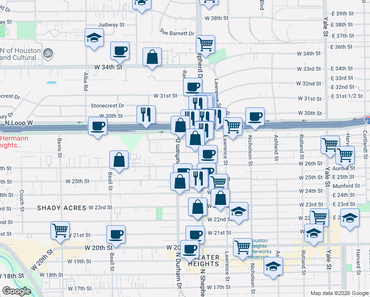 map of restaurants, bars, coffee shops, grocery stores, and more near 741 West 27th Street in Houston